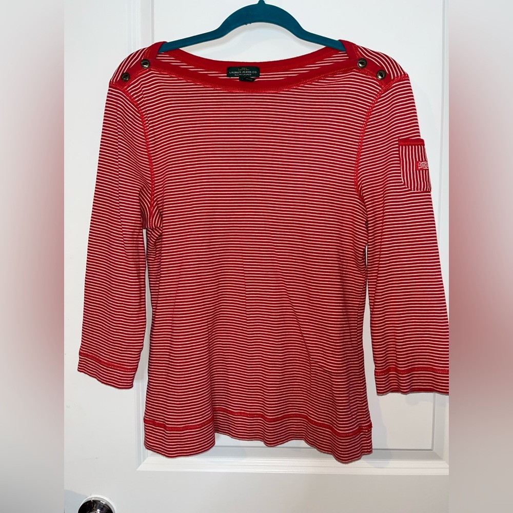 Lauren Ralph Lauren Women Striped BoatNeck Button Trim Top Red White Nautical XL